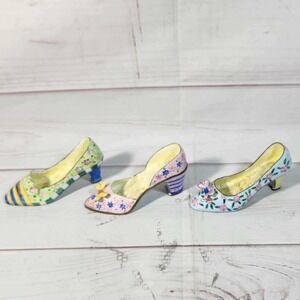 Kelvin Chen Floral Enamel Brass Shoe Figurines Set of 3 - Decorative Collectible